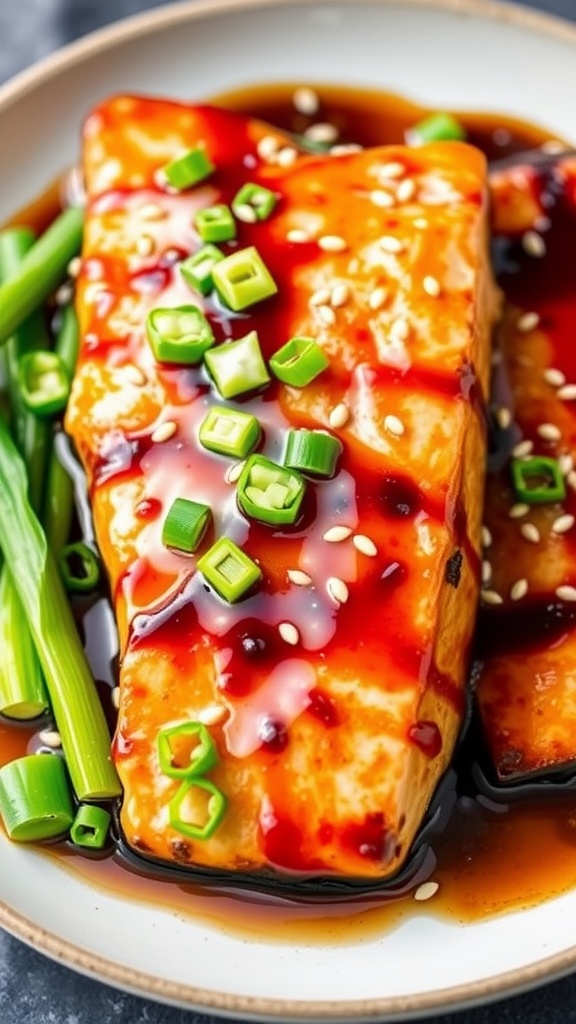 Teriyaki glazed mahi mahi fillets garnished with green onions and sesame seeds, served with vegetables.