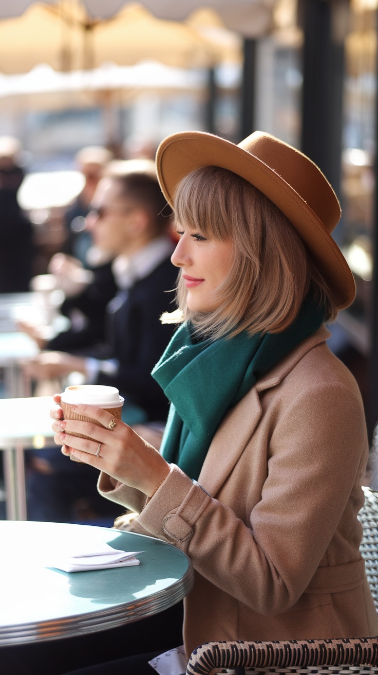 A woman enjoying a coffee outdoors, showcasing a textured shag haircut.