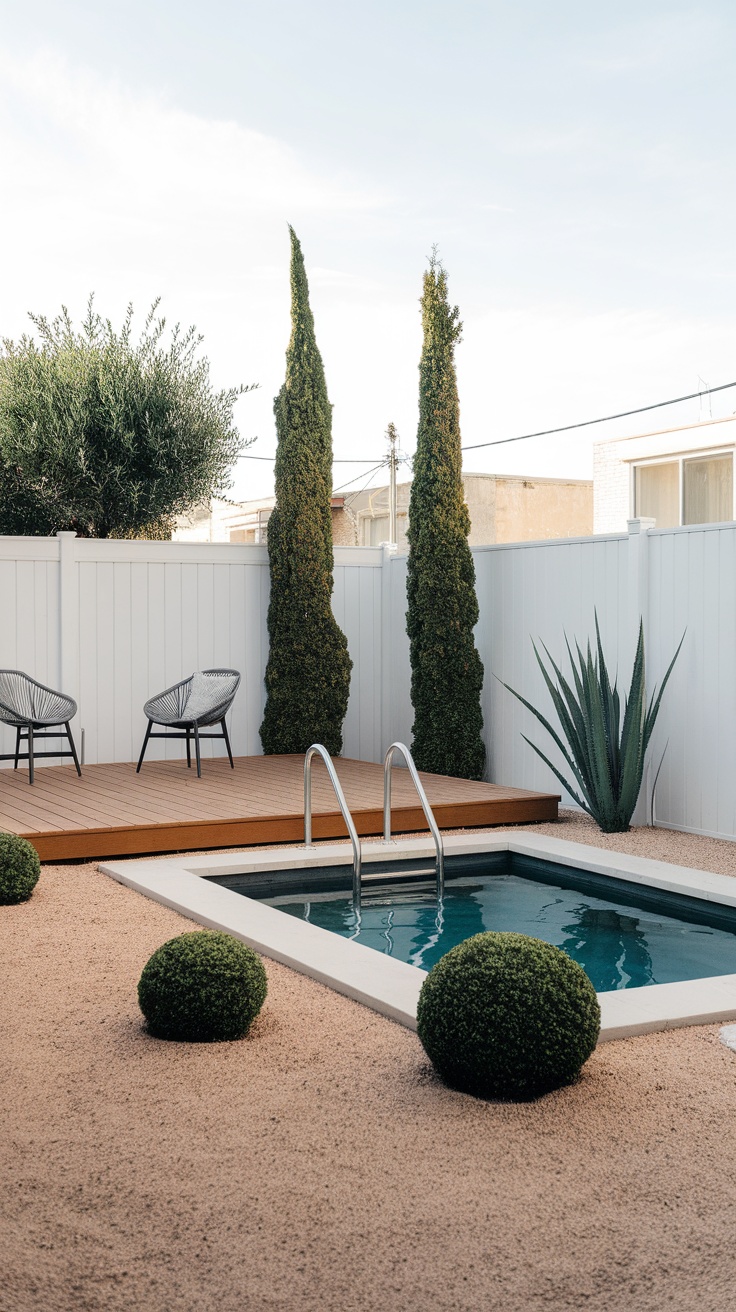 A minimalist backyard featuring a small pool, wooden patio, and neatly trimmed greenery.