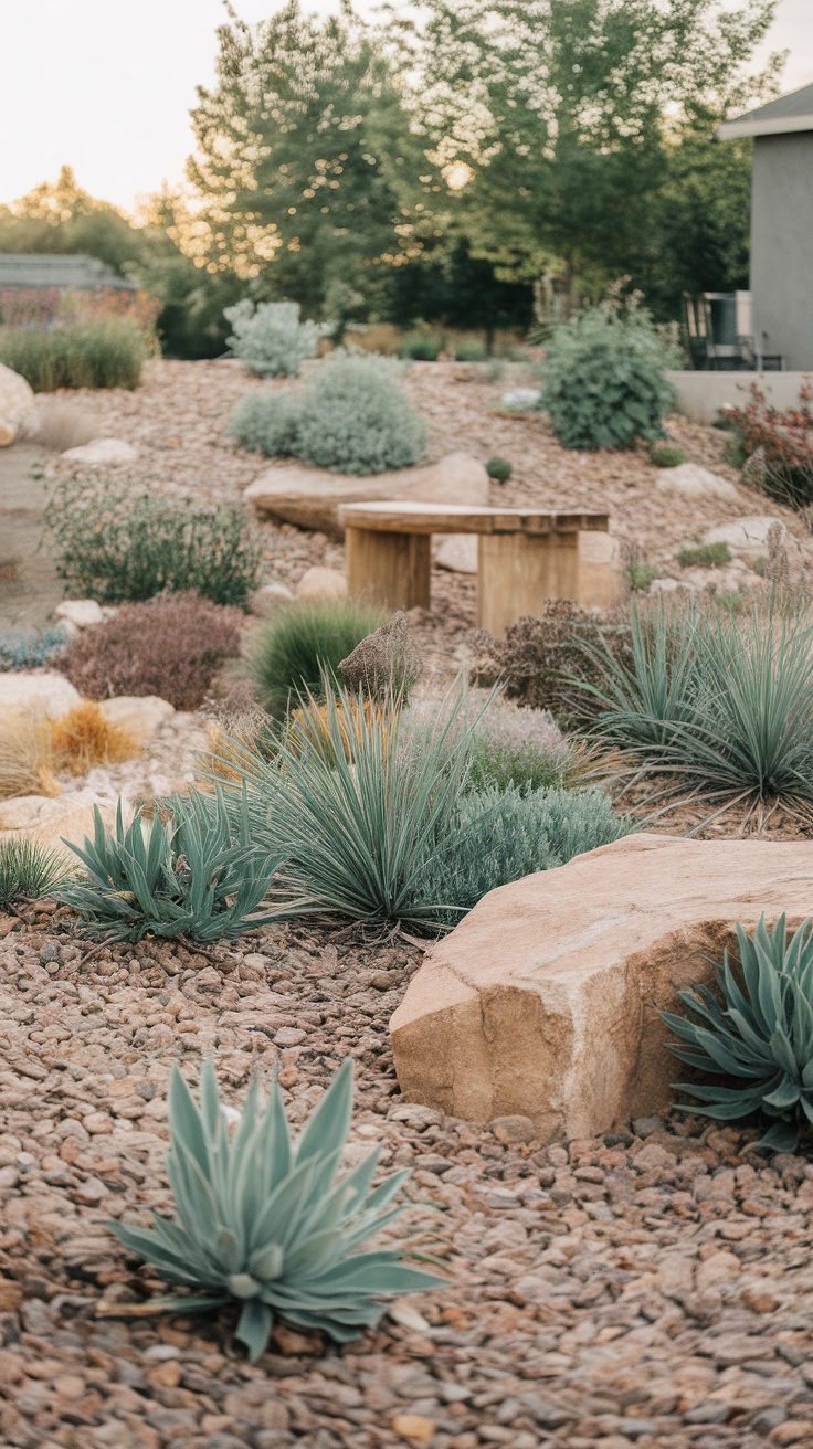 A modern xeriscaped backyard with varied greenery and a wooden table