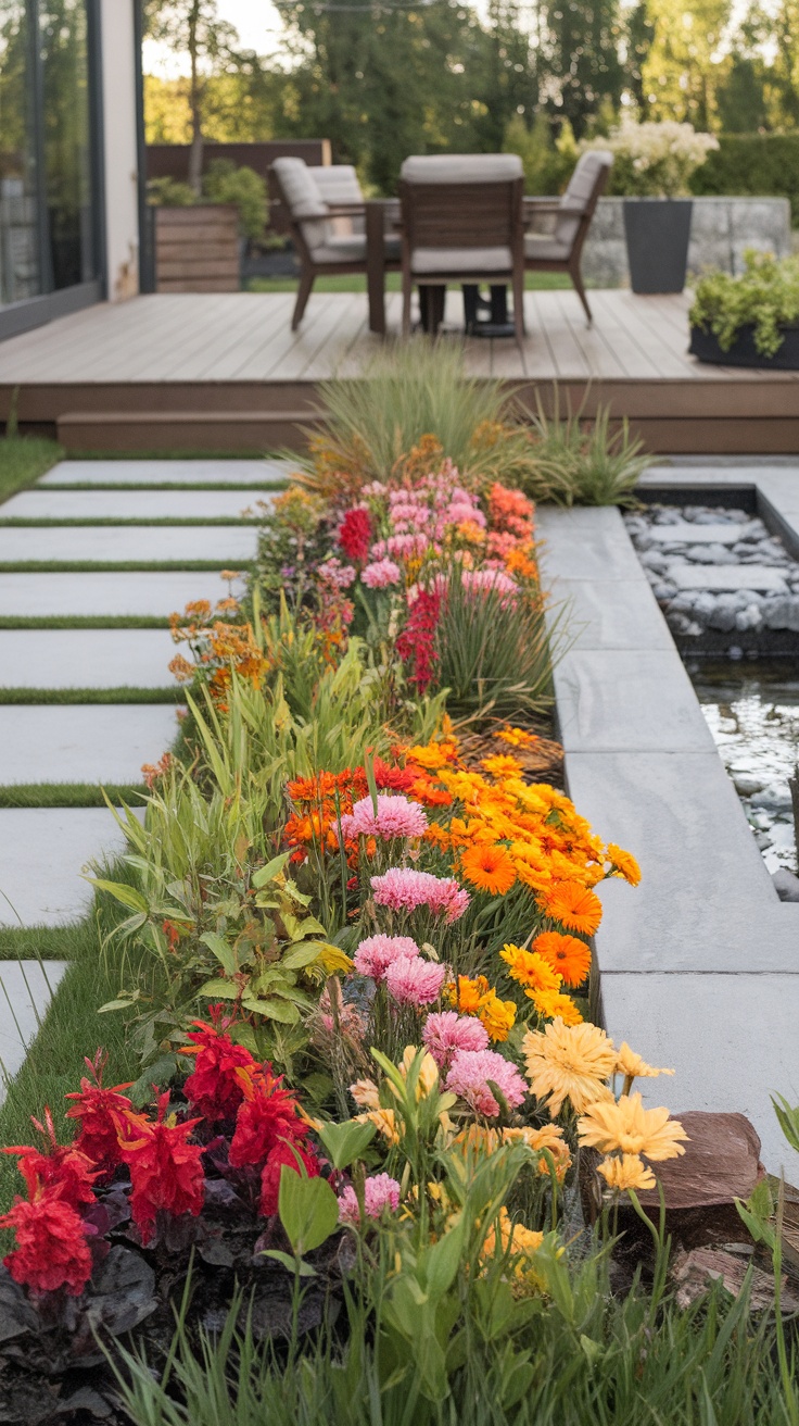 A colorful flower border next to a modern patio with chairs.