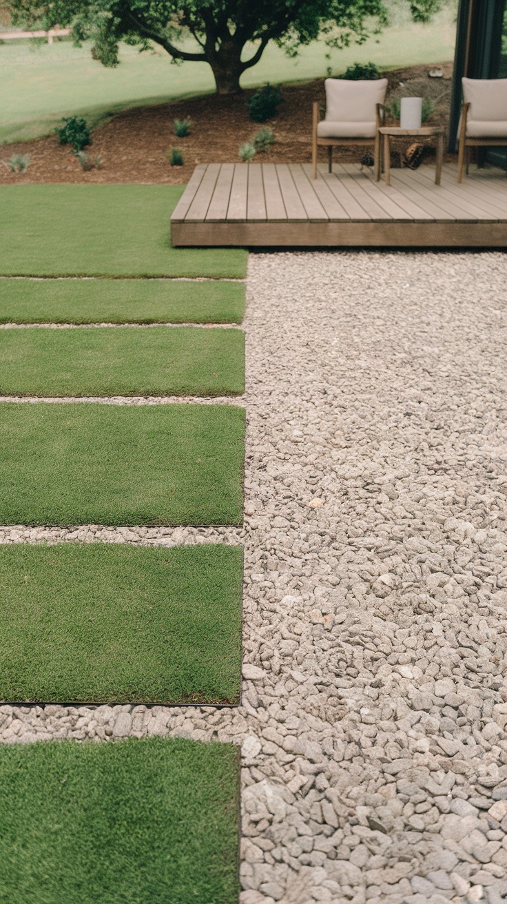 Modern backyard landscaping featuring grass, pebbles, and a wooden patio.