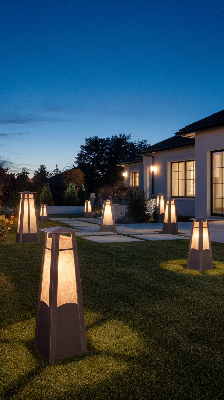 Modern backyard lit up at night with stylish lights illuminating the lawn and patio.