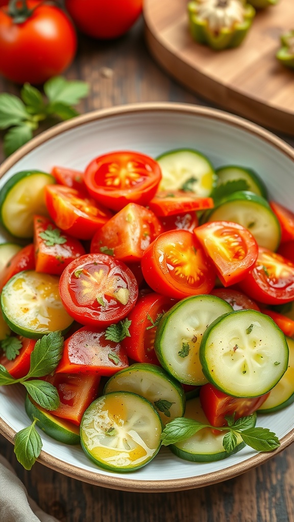 A colorful bowl of tomato and cucumber salad with fresh herbs, showcasing vibrant red tomatoes and green cucumbers.