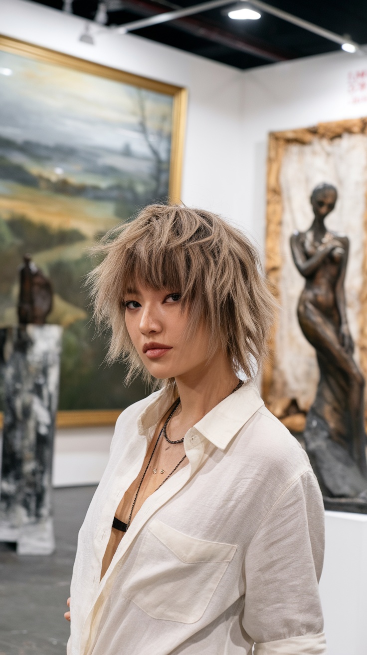 A woman with tousled waves and an edgy undercut, wearing a white shirt and layered necklaces.