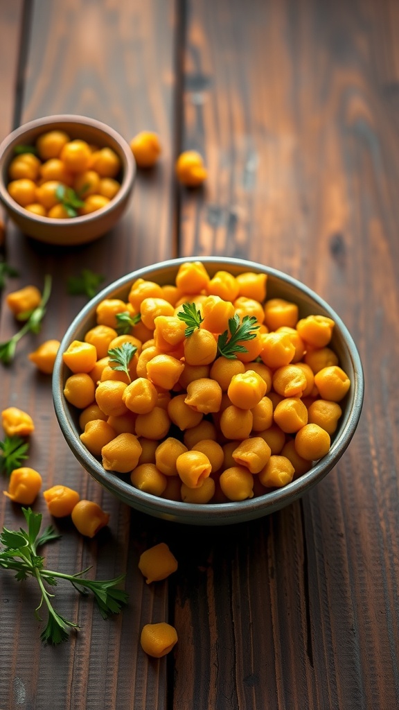 Turmeric roasted chickpeas served in a bowl with cilantro garnish