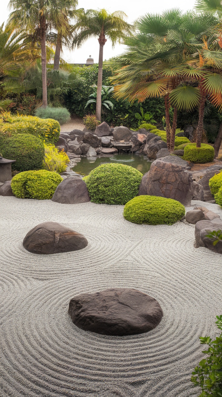 A serene zen garden featuring rocks and gravel patterns, surrounded by lush greenery and palm trees.