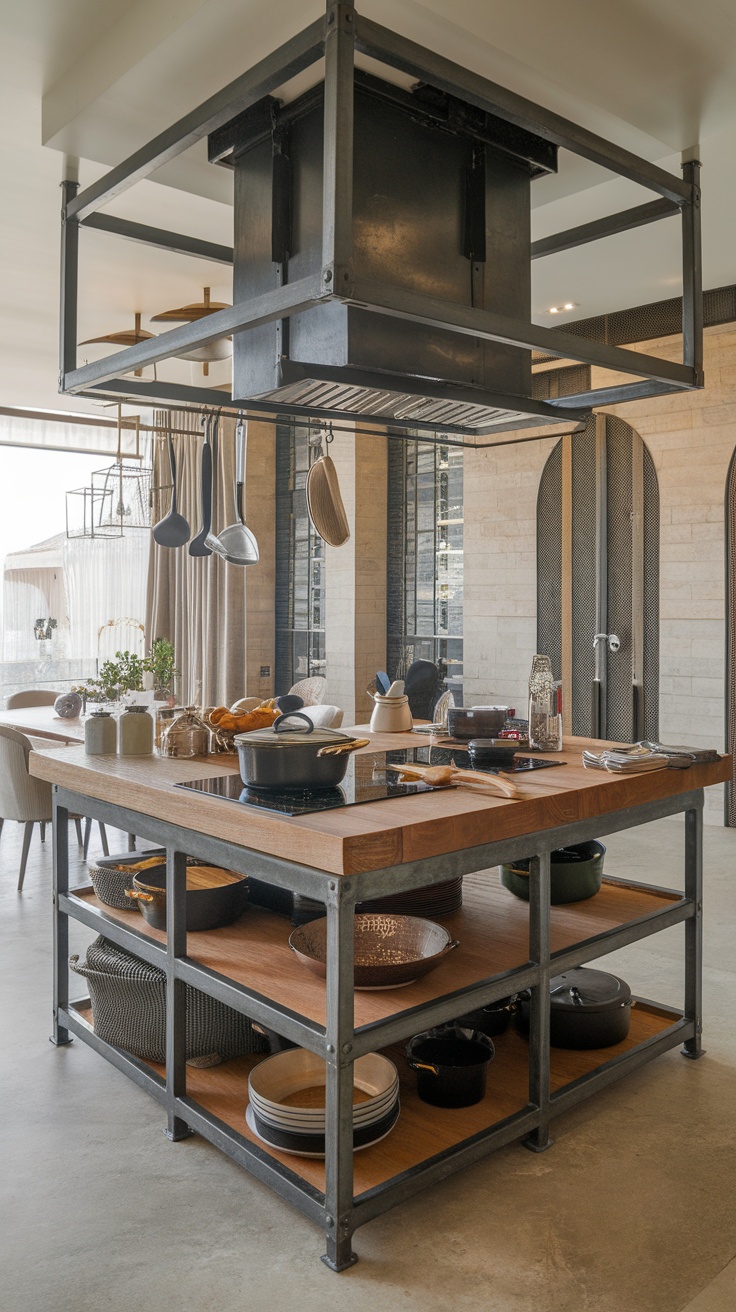 A modern kitchen island made of wood and metal, featuring hanging pots and open shelving with various cookware.