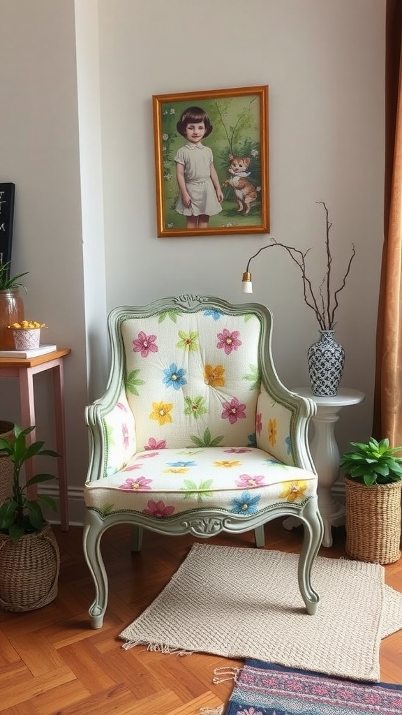 A vintage chair with floral upholstery, accompanied by a painting of a girl and her dog, showcasing a cozy spring decor.