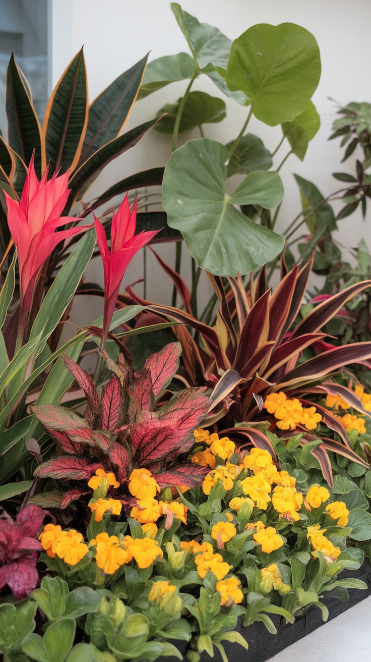 Vibrant plants in a modern backyard landscape, featuring colorful flowers and lush foliage.