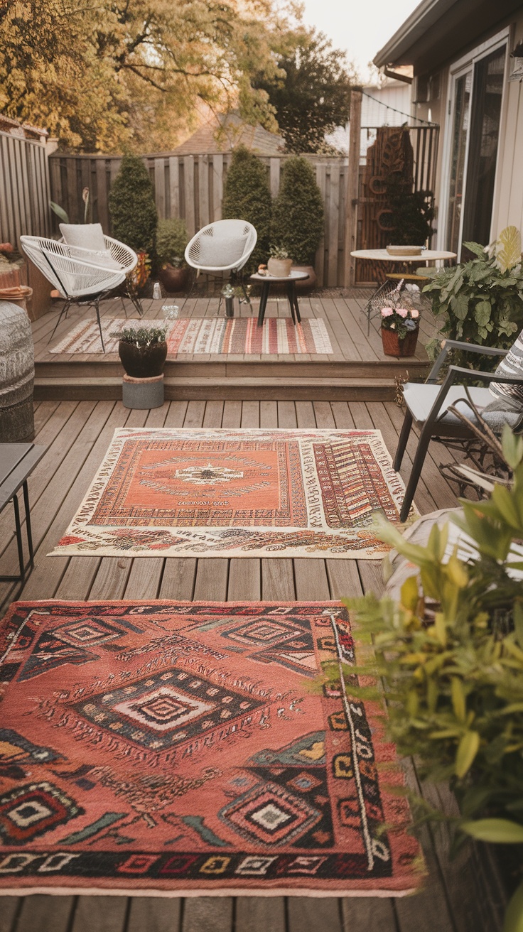 A modern patio area featuring outdoor rugs and comfortable seating.