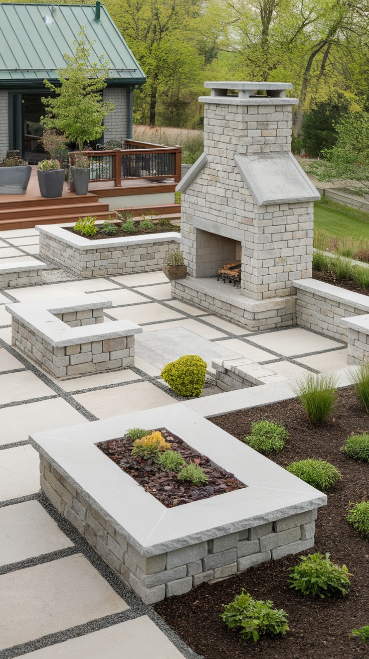 Modern backyard landscaping featuring stone elements in a patio design.