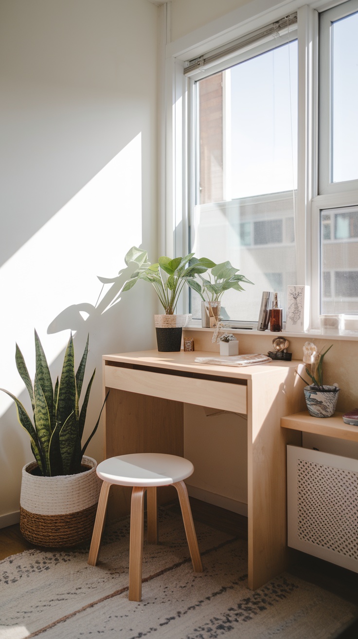 A cozy corner vanity setup featuring a small desk, a stool, and potted plants, illuminated by natural light.