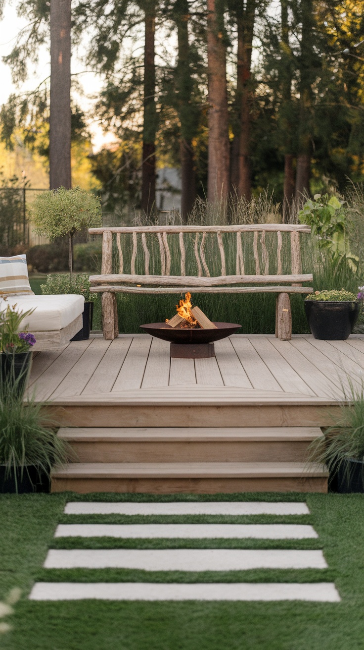 A cozy patio setup featuring a wooden bench, fire pit, and lush greenery