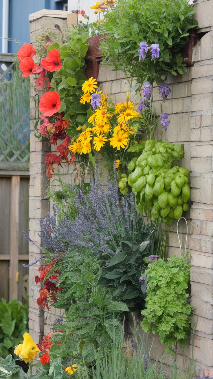 A vertical garden featuring vibrant flowers and herbs growing on a brick wall.