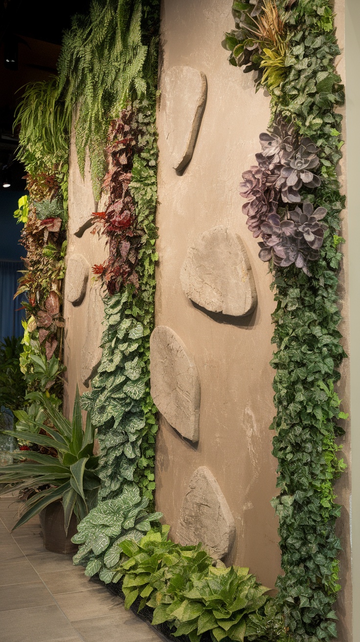 A vertical garden featuring various plants on a textured wall.