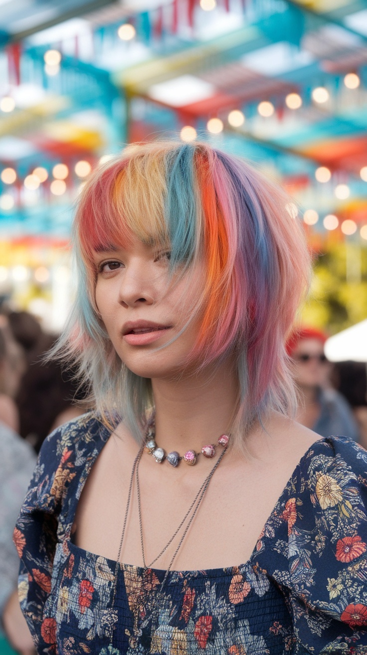 A woman with a vibrant layered haircut featuring face-framing strands, surrounded by colorful decorations.