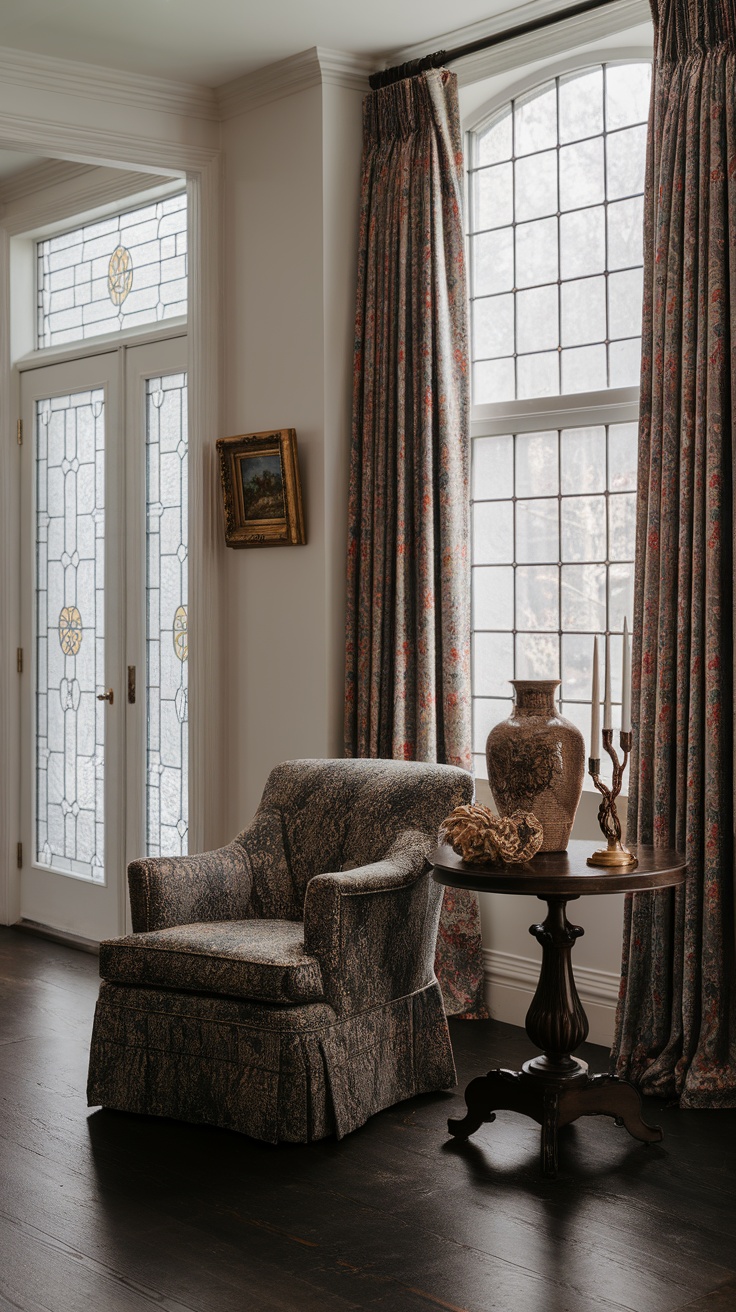 A vintage-inspired living room with a patterned armchair, floral curtains, and decorative accessories.