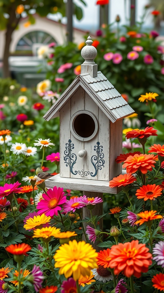 A vintage birdhouse surrounded by colorful flowers in a garden.