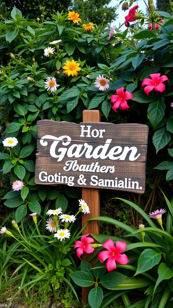 A wooden sign with the word 'Garden' surrounded by colorful flowers