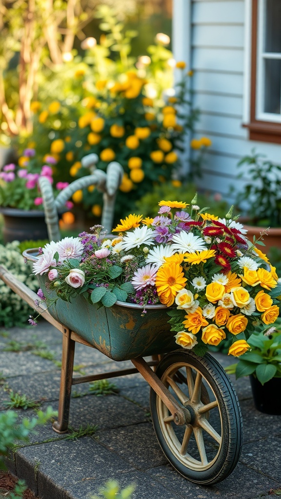 A vintage wheelbarrow overflowing with colorful flowers in a garden.