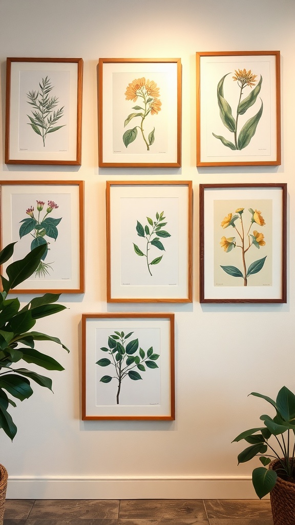 A collection of botanical prints framed and hung on a wall, featuring various plants and flowers.