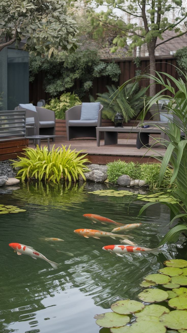 A serene backyard pond with koi fish and surrounding greenery.