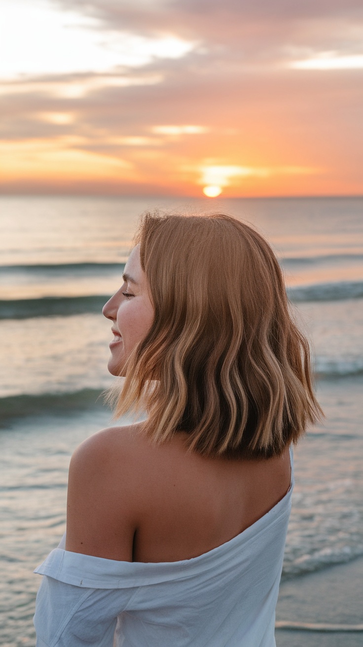 A woman with wavy lob hairstyle, enjoying a sunset by the beach.