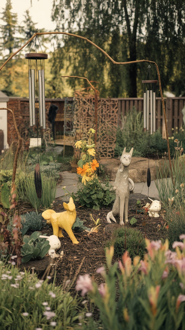 A whimsical garden featuring colorful sculptures and wind chimes.