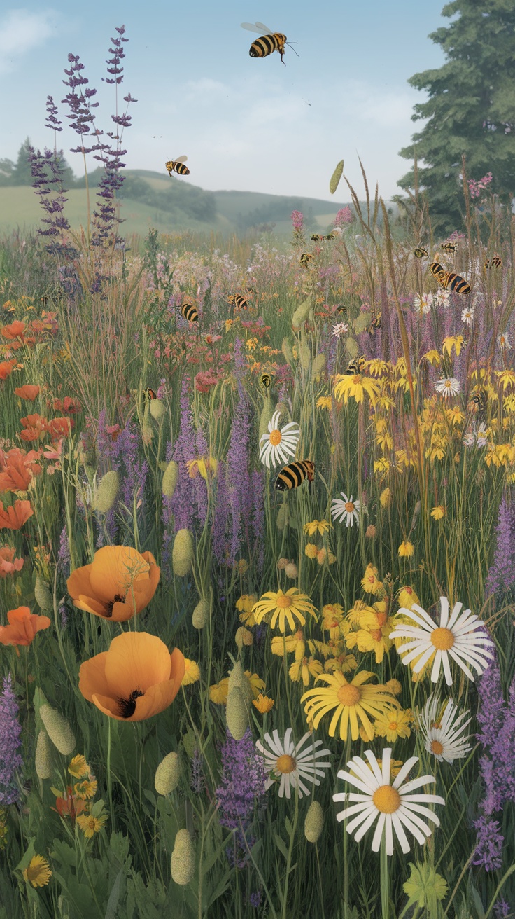 A vibrant wildflower meadow with various flowers and bees.