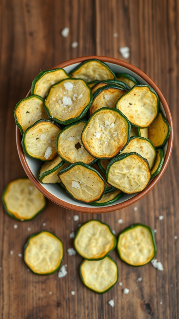 A bowl of crispy zucchini chips sprinkled with sea salt.