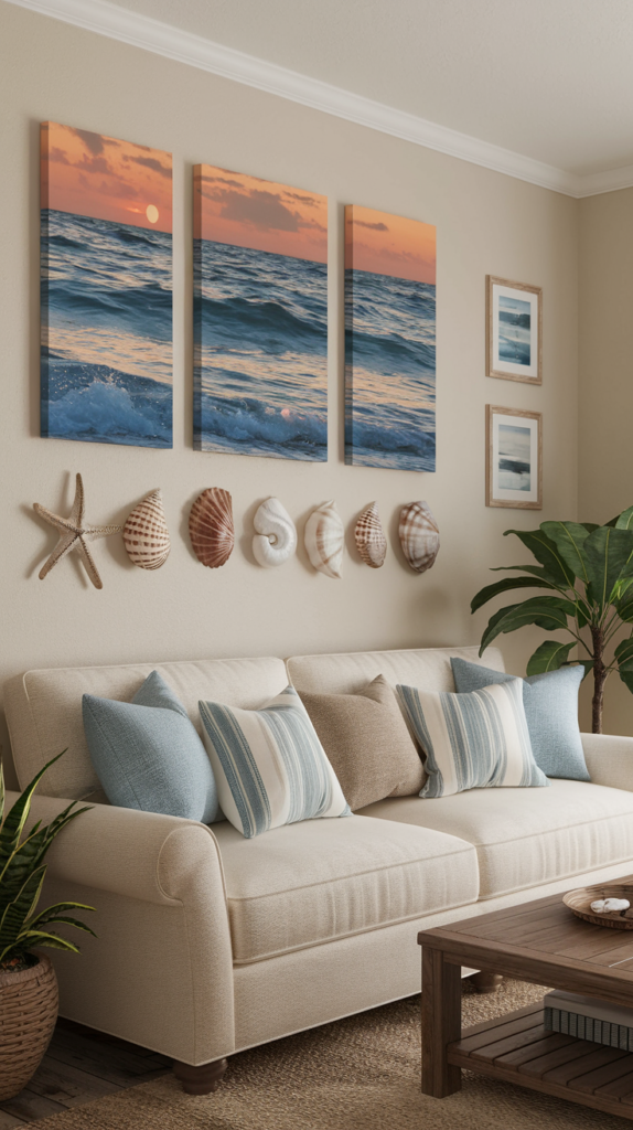 Coastal living room, A cozy living room featuring a beige couch with sea-inspired wall art, including ocean scenery and seashells.