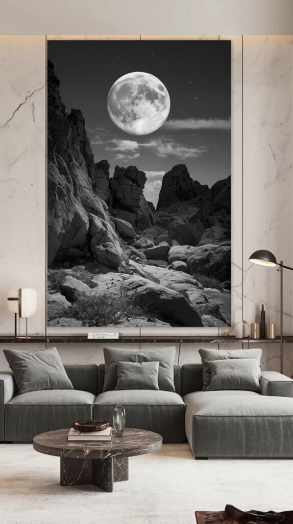 A large black and white photograph of a rocky landscape under the moon, displayed over a modern gray couch in a stylish living room.