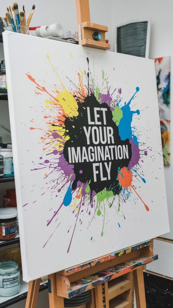 A large canvas splatter art piece with colorful paint splashes and text, set in a creative studio.