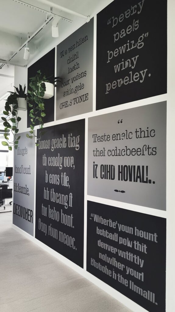 Modern office wall with oversized stenciled quotes in various fonts and sizes, complemented by greenery and a sleek interior design.