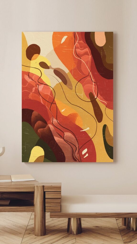 A nature-inspired abstract art piece featuring warm colors and organic shapes, displayed in a minimalist room.