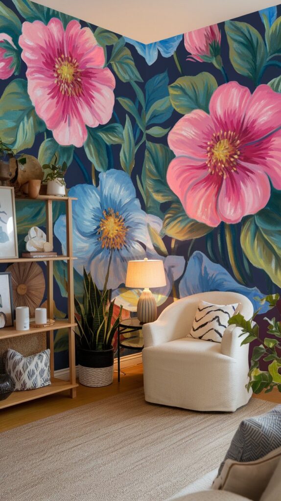 A bright floral mural covering a corner wall in a cozy living room setting.