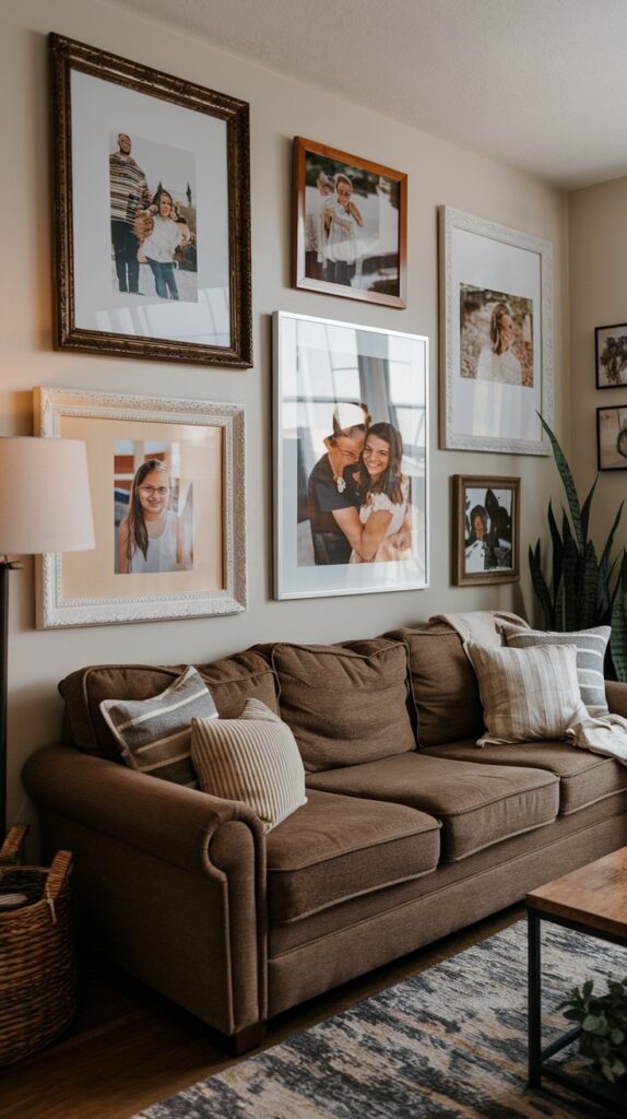 A collage of family photos in oversized frames on a wall above a cozy brown sofa.