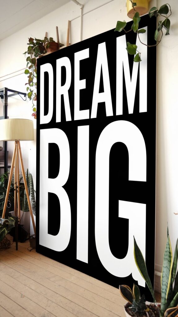 Large typography wall art on a black background with artistic text, displayed in a bright room with plants.