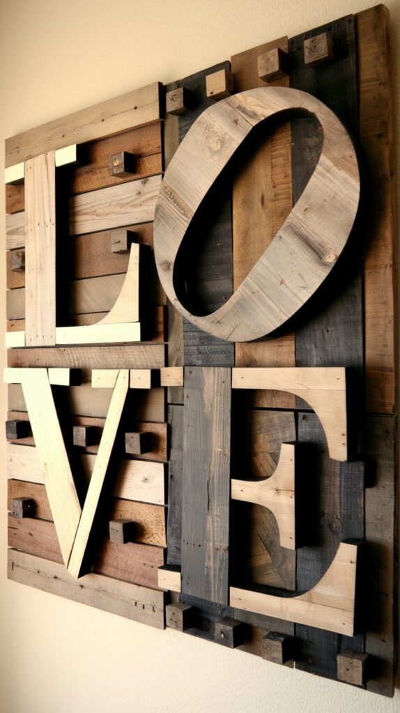 A large wall art piece made from repurposed wood pallets, featuring bold letters and various wood tones.