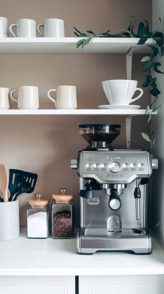 A well-organized DIY coffee station featuring utensils, a coffee maker, and storage for ingredients