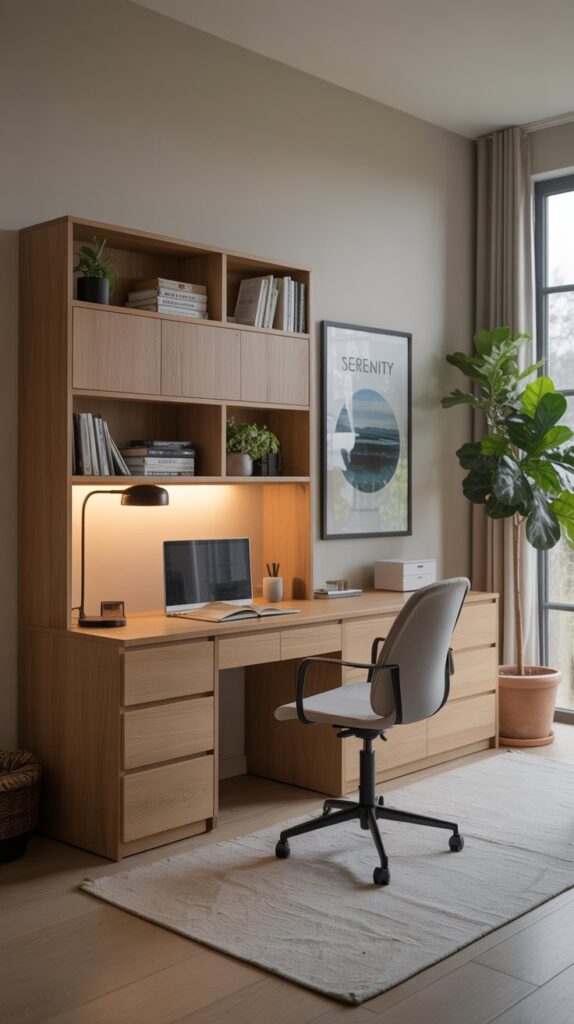 A photograph of a modern, cozy home office featuring a sleek multi-functional furniture unit in a light oak finish. The unit seamlessly integrates a desk, shelving, and storage compartments, with a minimalist grey chair positioned in front of it. A large window to the right provides ample natural light, illuminating a potted fiddle-leaf fig tree and a framed print of "Serenity" on the wall, while a warm lamp casts a soft glow on the desk area. The room has a calm, inviting atmosphere, with a light beige rug anchoring the space.