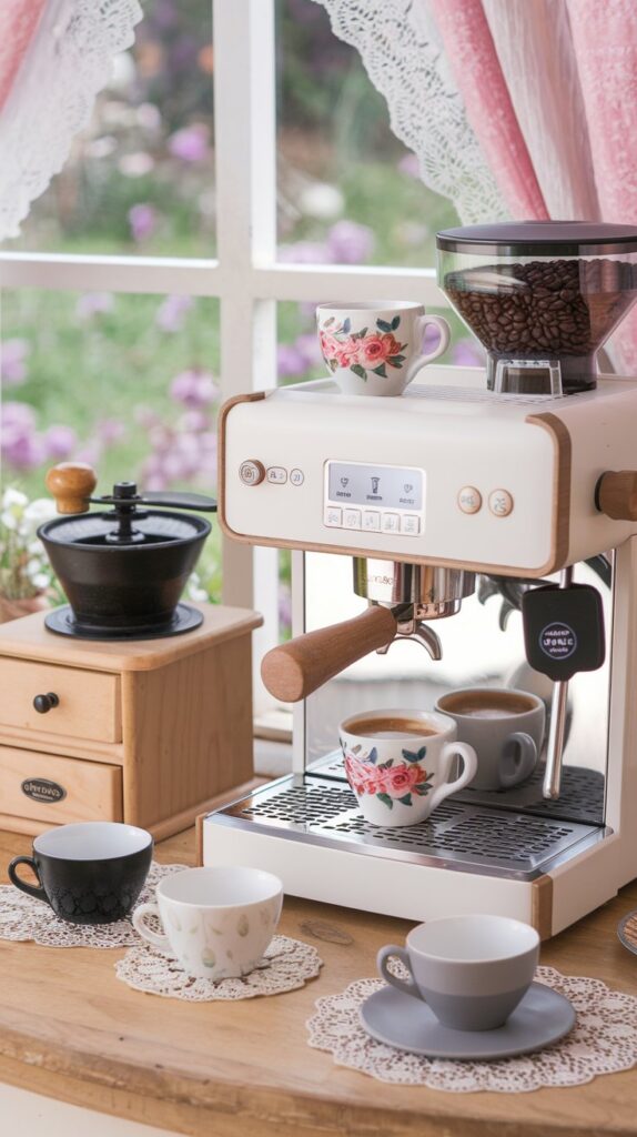 A romantic cottagecore-inspired coffee corner with floral-patterned cups, lace doilies, pastel accents, and a window view of a blooming garden.