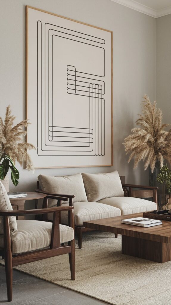A stylish living room featuring a large abstract line drawing on the wall, a cozy sofa, wooden furniture, and decorative plants.