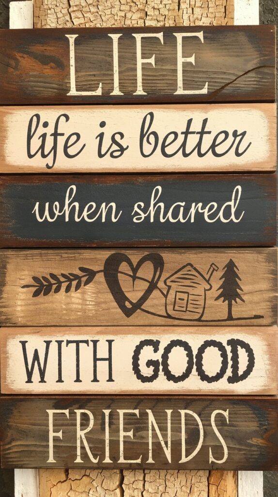 Layered wooden wall art with natural tones and casual text.