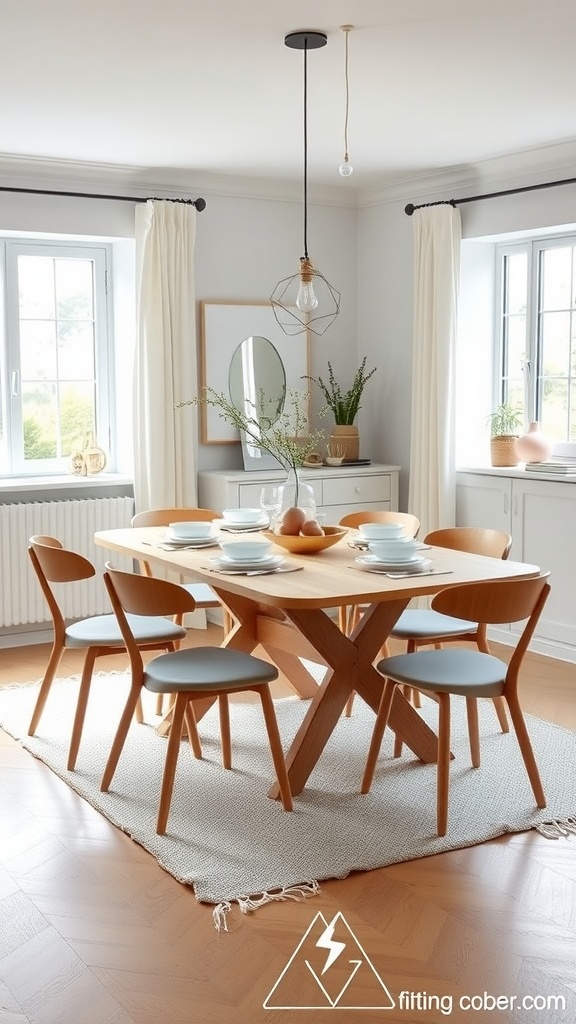 A cozy and balanced Scandinavian interior featuring light colors, plants, and simple furniture.