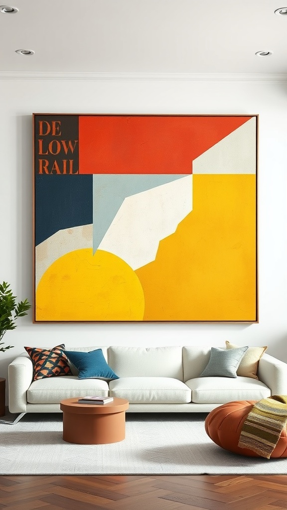 Large geometric canvas artwork featuring red, yellow, and blue shapes in a minimalist living room.