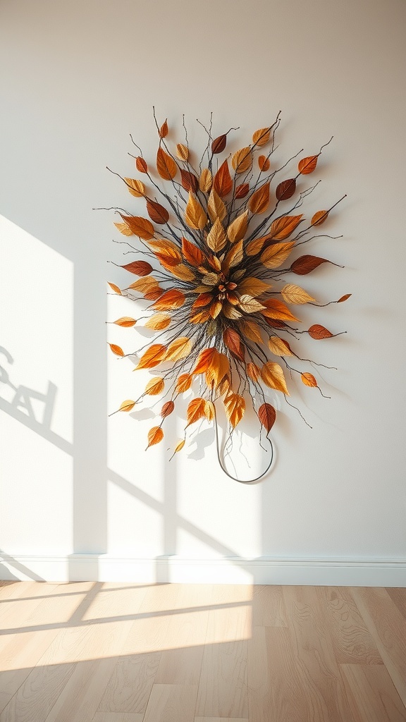 Large wall art made of dried autumn leaves and twigs, mounted on a white wall.
