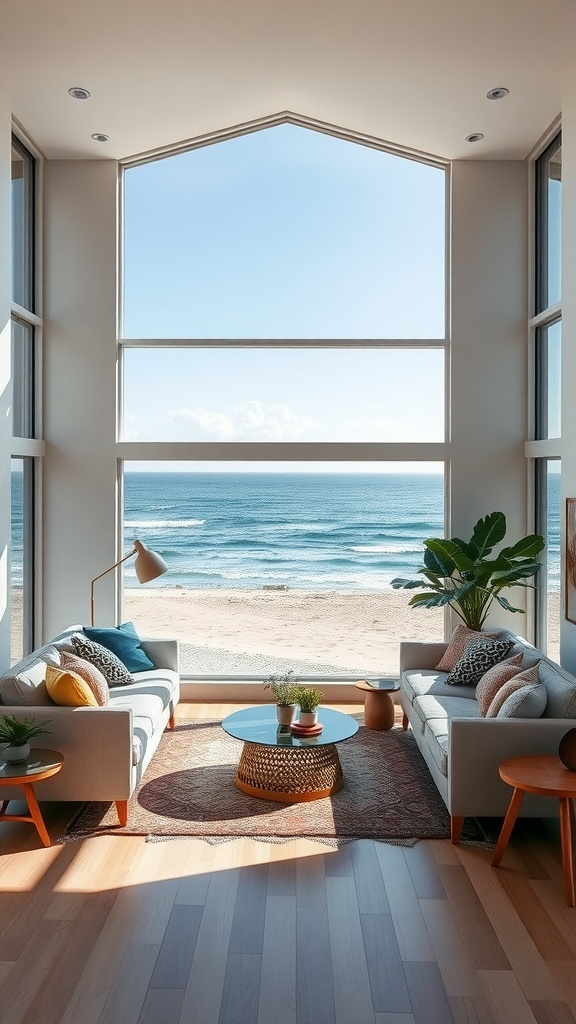A bright beach-inspired living room with large windows showcasing a view of the ocean.