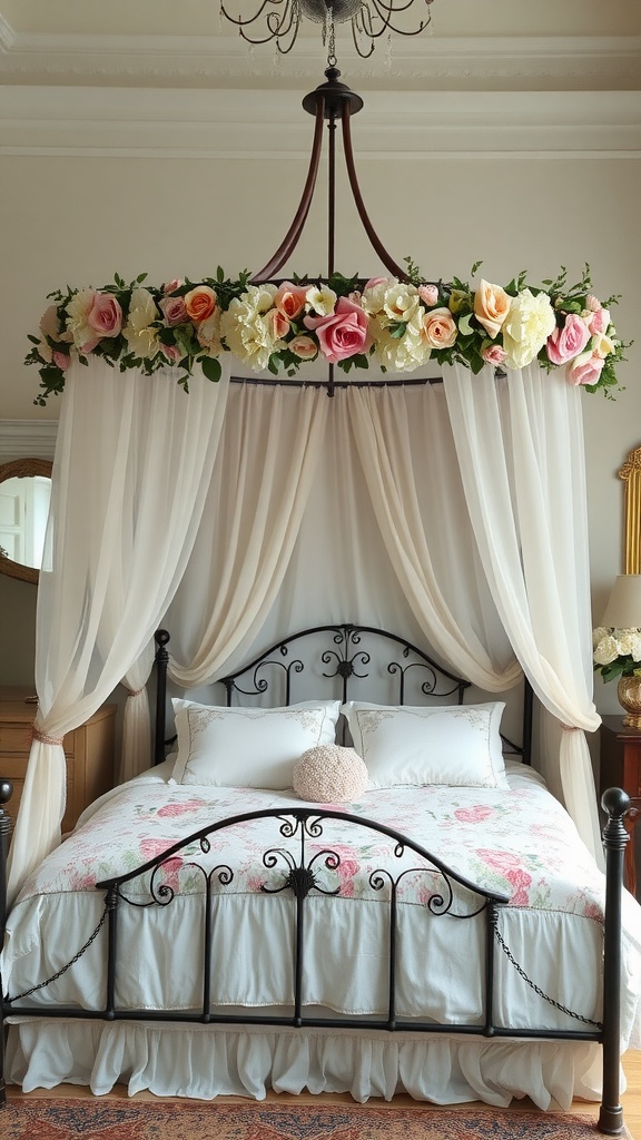 A floral-inspired bed canopy with roses and greenery above a cozy bed.